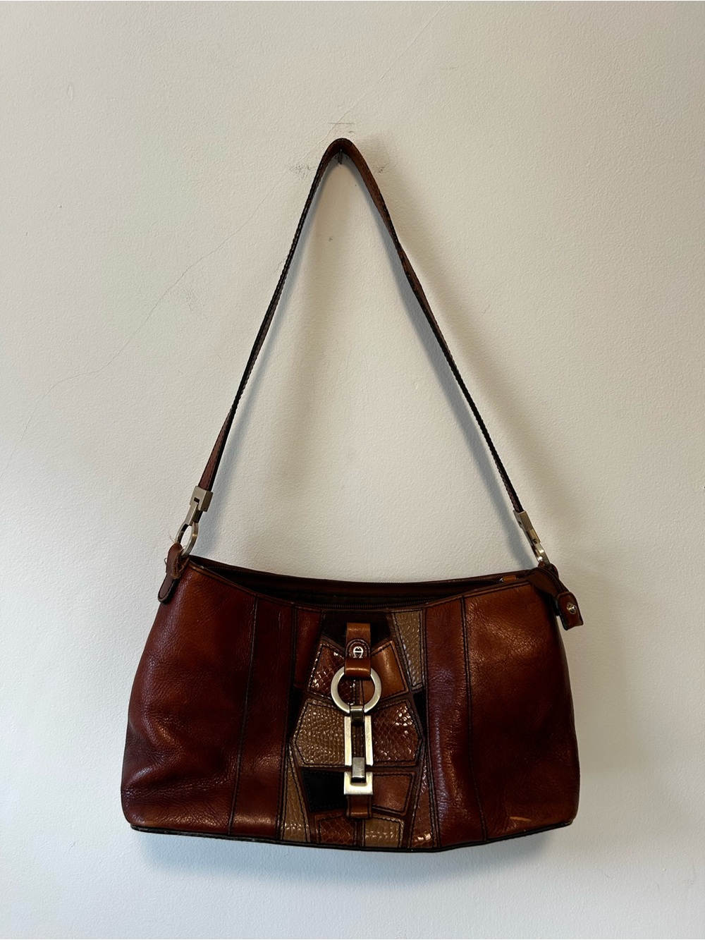 Etienne Aigner Brown Leather Shoulder Bag with Silver-Tone Buckle